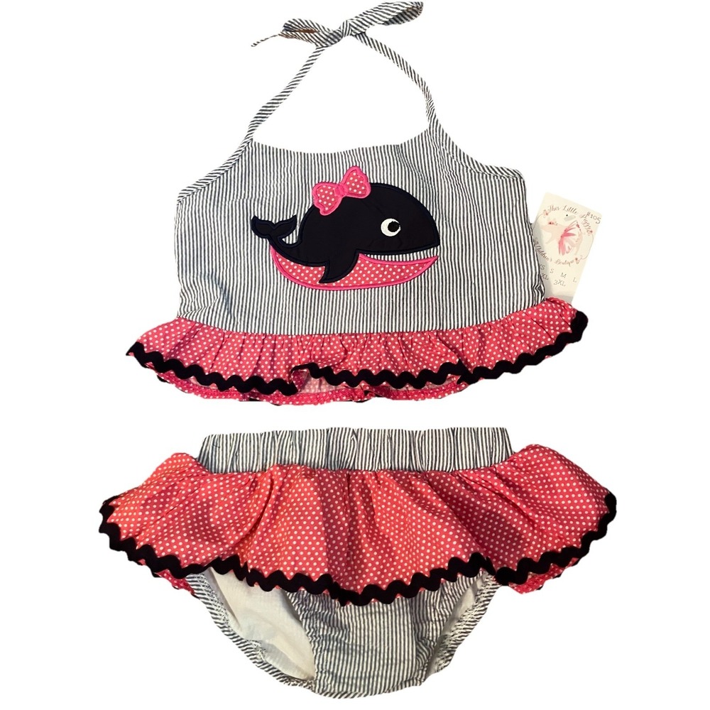NWT Swimsuit Whale 2 pc SZ 5 whale bikini set  BLUE RED‎ Coastal Beach polkadot